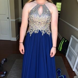Embroidered royal blue prom dress